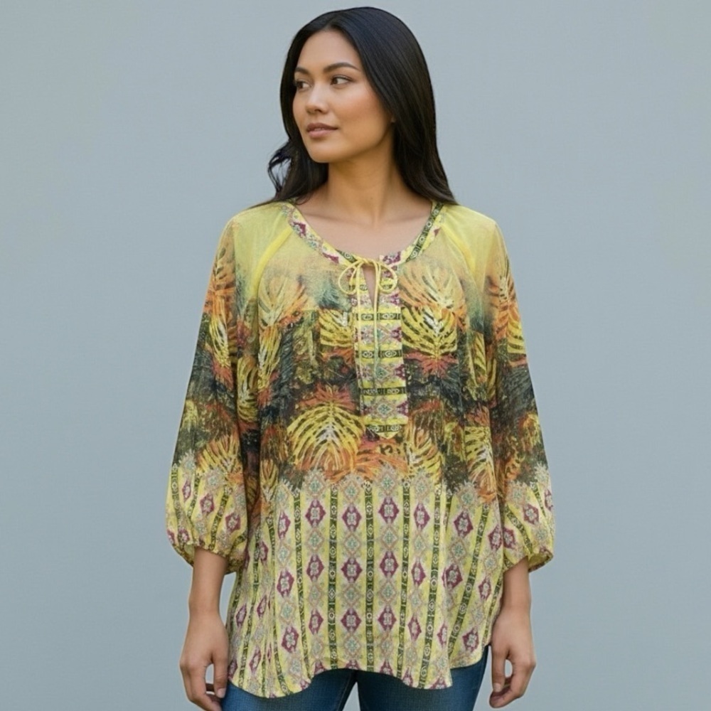 Figueroa Flower Womens
Boho Peasant Top Tie
Neck Sheer 3/4 Sleeve size L